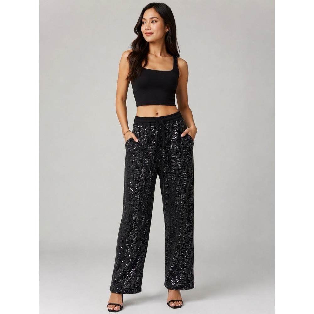 Wide Leg Sequin Lounge Pants - Black